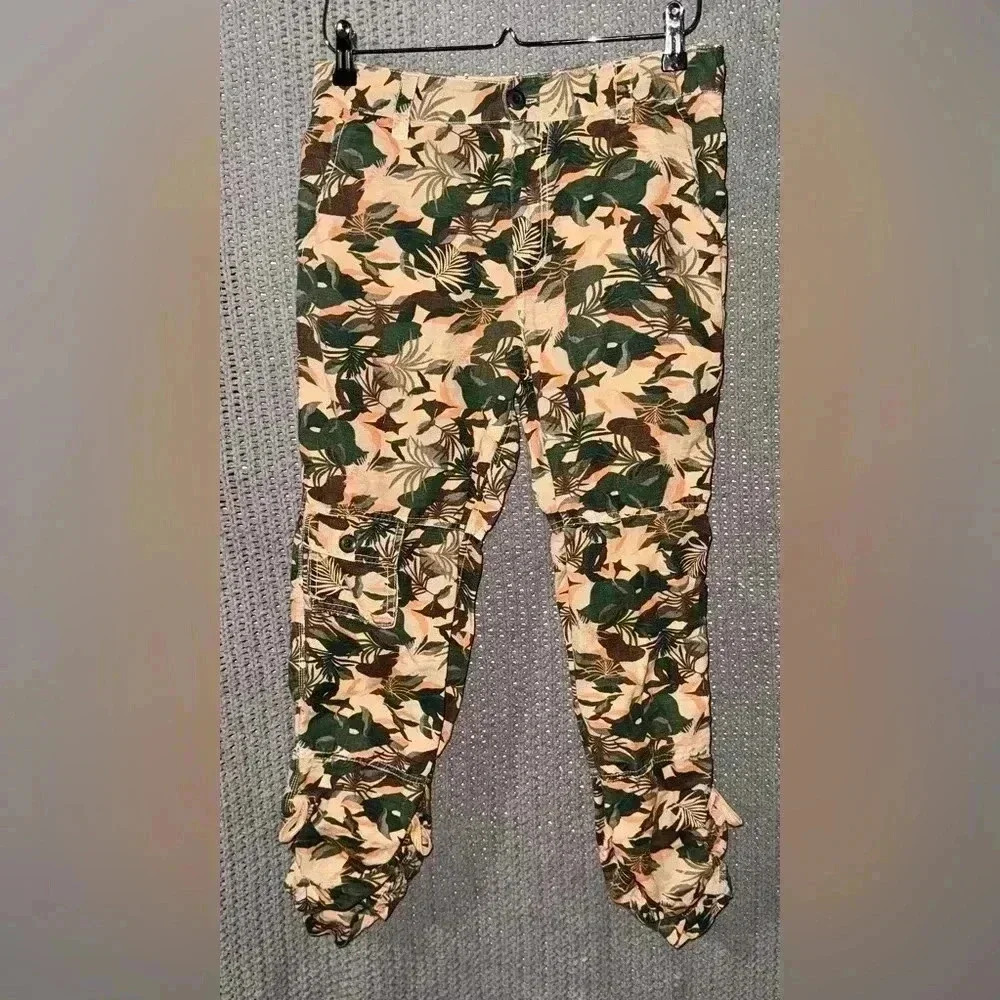 Sundance Catalog Lagoon Camo Linen Blend High Rise Cargo Ankle Pants roll up hem